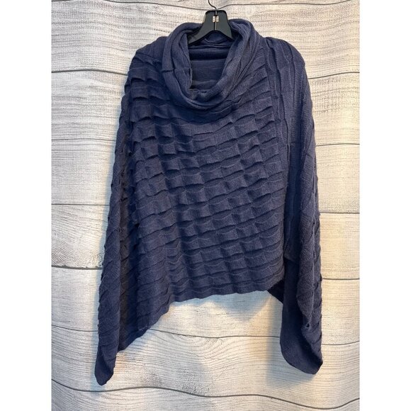 Navy Blue Textured Knit Poncho With Cowl Neckline O/S - Picture 1 of 2